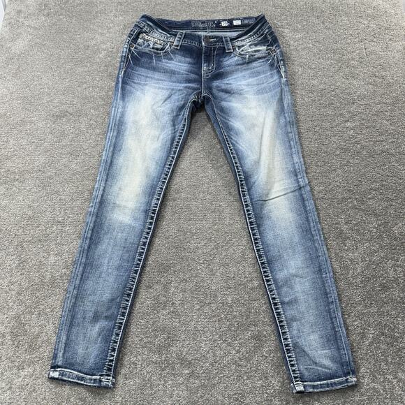 Miss Me Jeans Womens 29 Blue Signature Skinny Embellished Rhinestone Whiskers - Picture 1 of 10